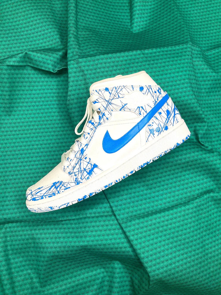 Custom Air Jordan 1 White Blue Splatter Pattern
