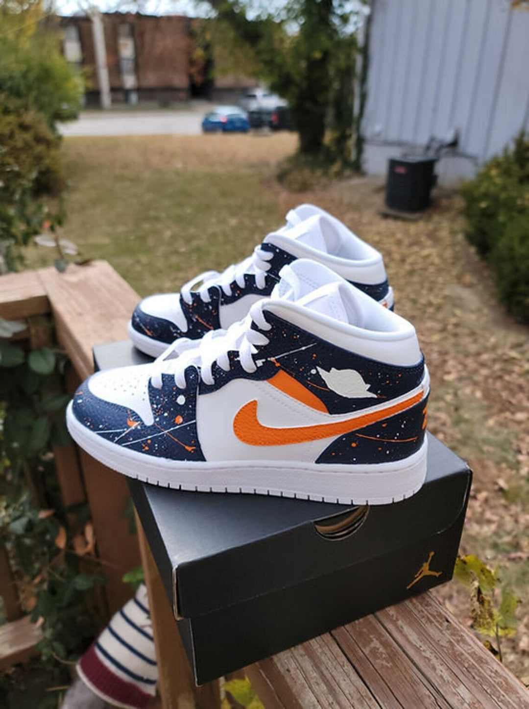 Custom Air Jordan 1 White Navy with Orange Splatter Pattern