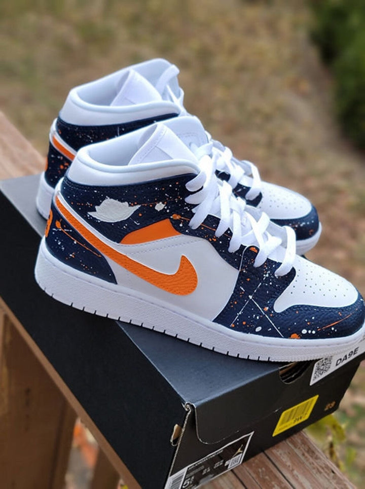 Custom Air Jordan 1 White Navy with Orange Splatter Pattern