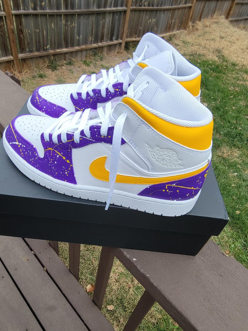 Custom Air Jordan 1 White Purple Yellow Splatter Pattern