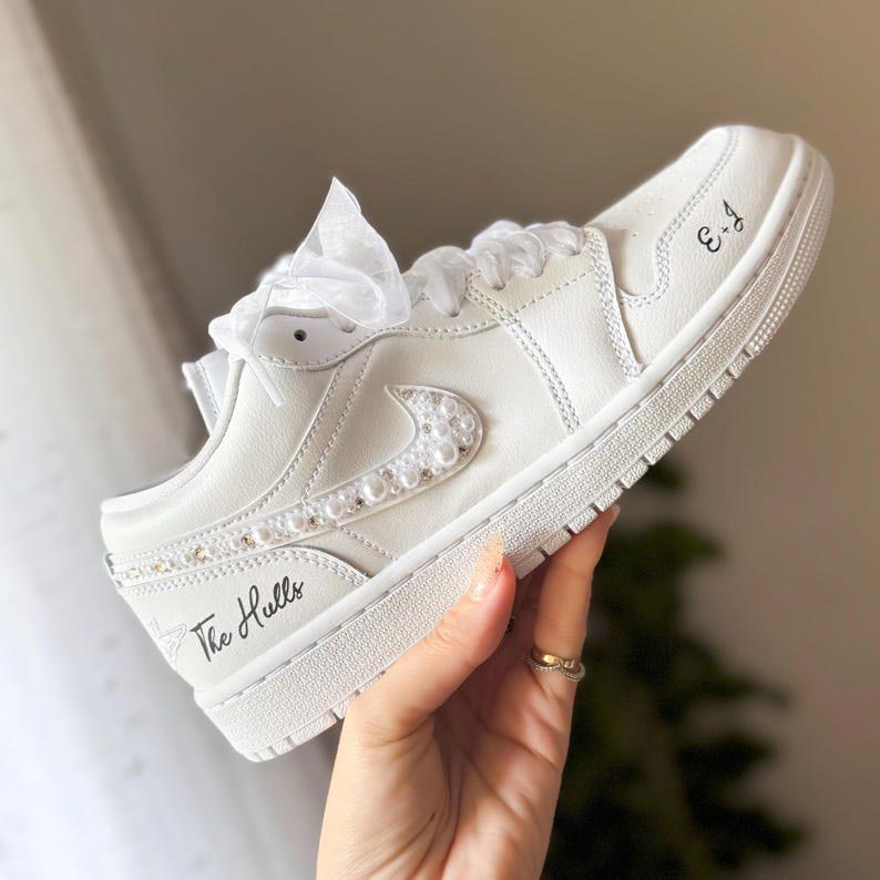 Custom Air Jordan 1 White With Pearl Embellishments And Ribbons