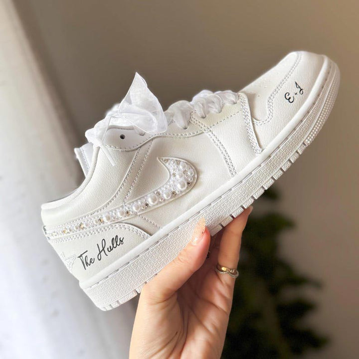 Custom Air Jordan 1 White With Pearl Embellishments And Ribbons