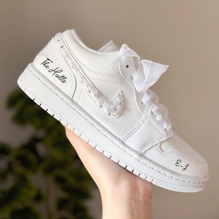 Custom Air Jordan 1 White With Pearl Embellishments And Ribbons