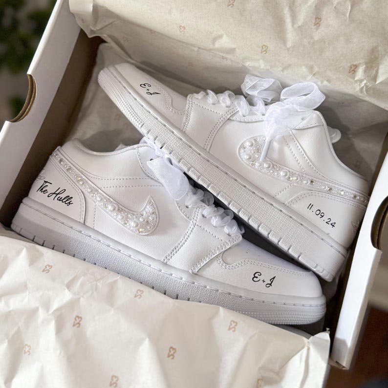 Custom Air Jordan 1 White With Pearl Embellishments And Ribbons