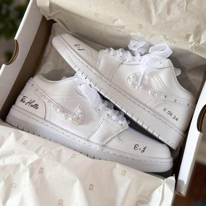 Custom Air Jordan 1 White With Pearl Embellishments And Ribbons