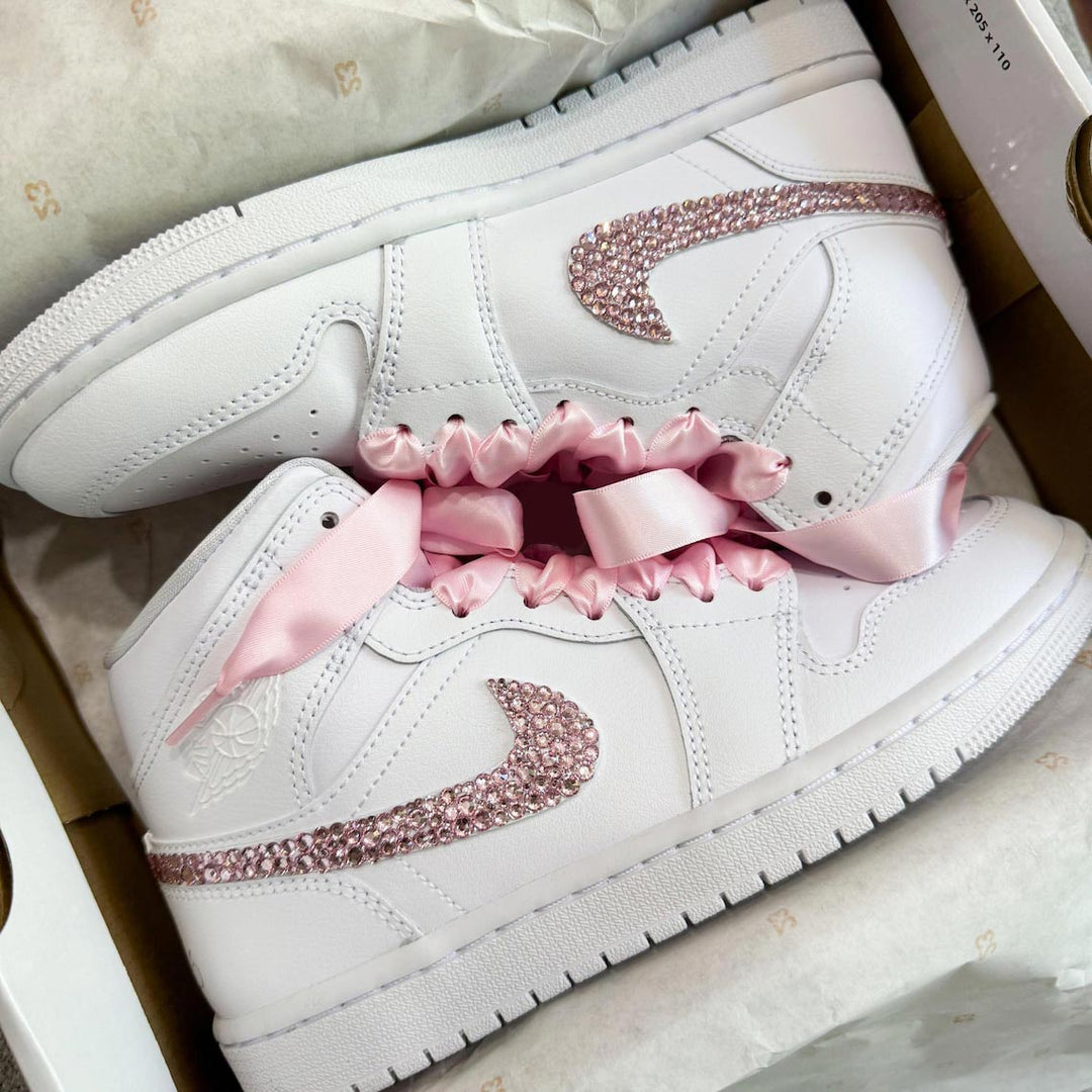 Custom Air Jordan 1 White With Pink Rhinestones And Ribbons