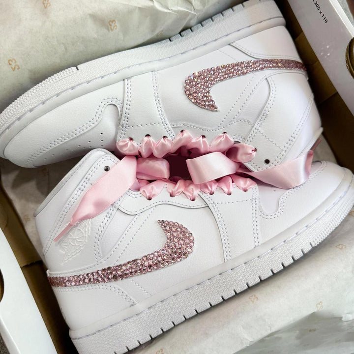 Custom Air Jordan 1 White With Pink Rhinestones And Ribbons