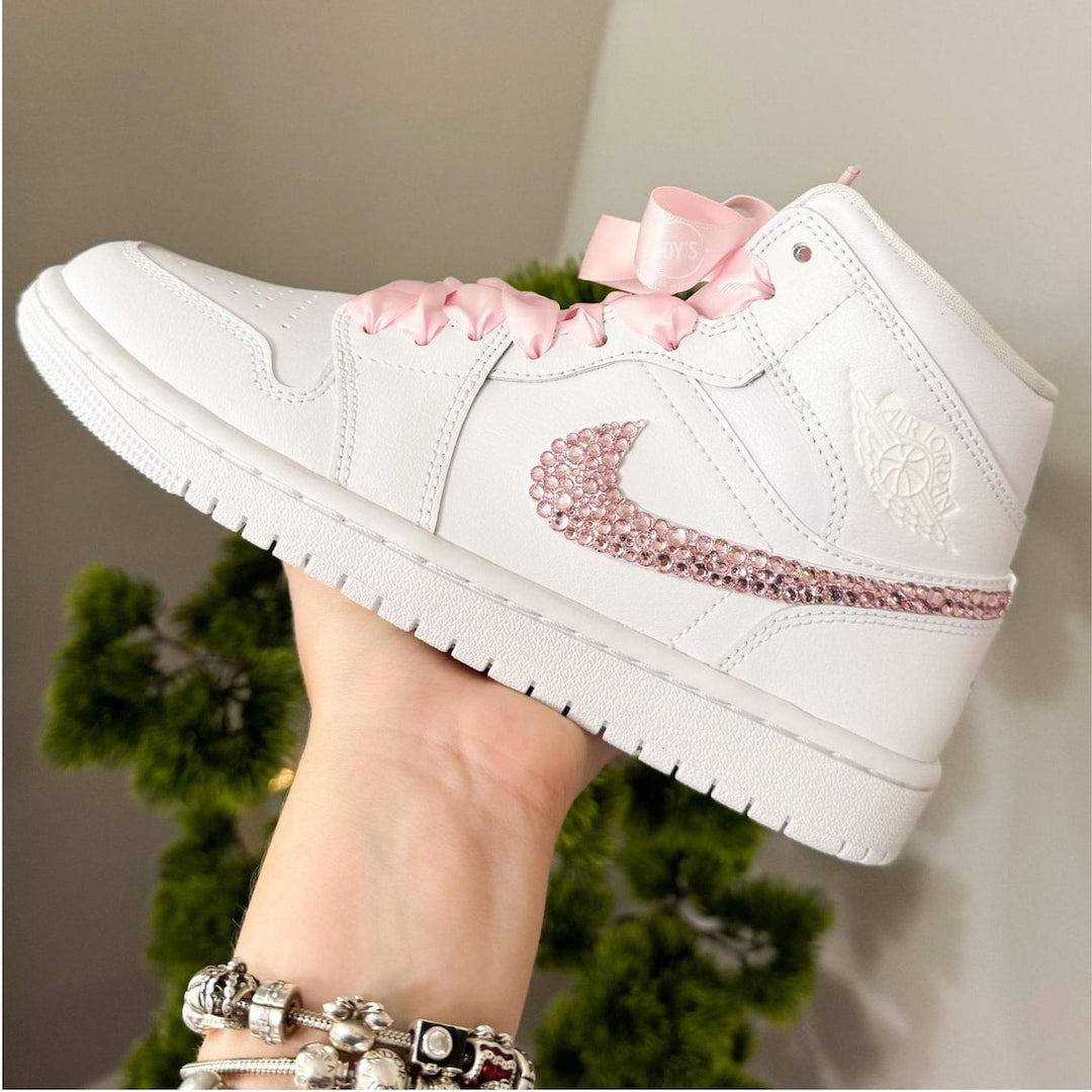Custom Air Jordan 1 White With Pink Rhinestones And Ribbons