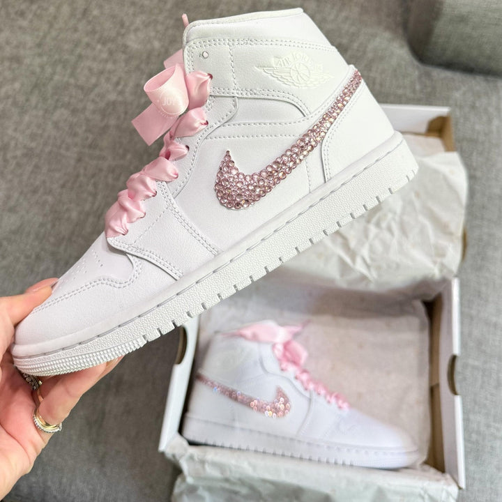 Custom Air Jordan 1 White With Pink Rhinestones And Ribbons