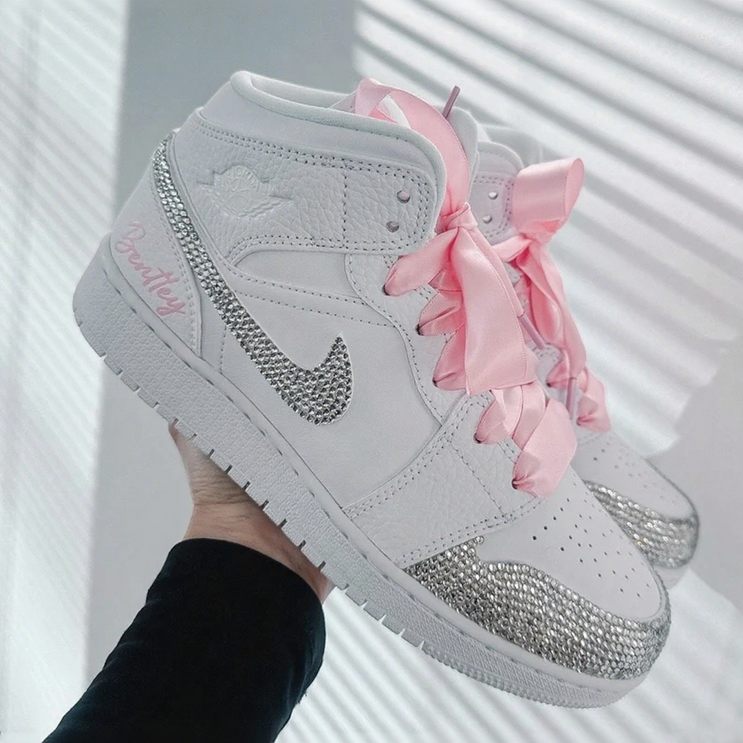 Custom Air Jordan 1 White with Pink Ribbons and Rhinestones