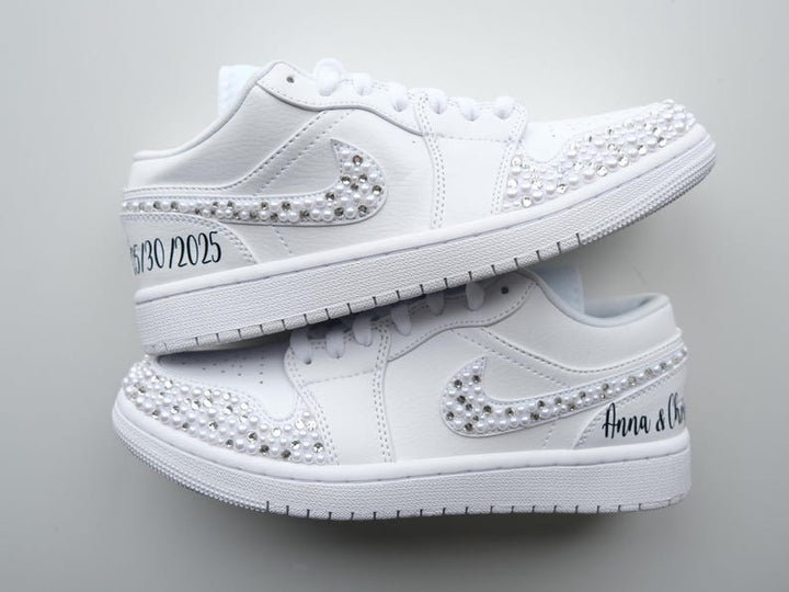 Custom Air Jordan 1 White With Rhinestones And Pearls Low