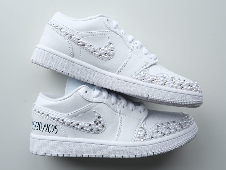 Custom Air Jordan 1 White With Rhinestones And Pearls Low