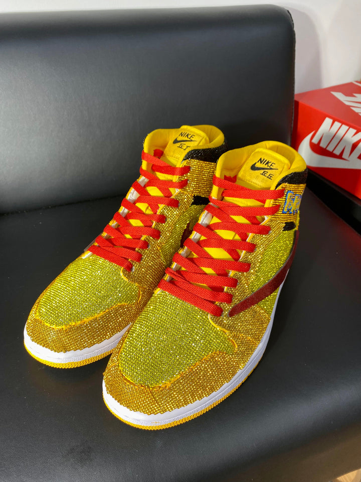 Custom Air Jordan 1 Yellow with Pokemon Logo and Glitter Swoosh