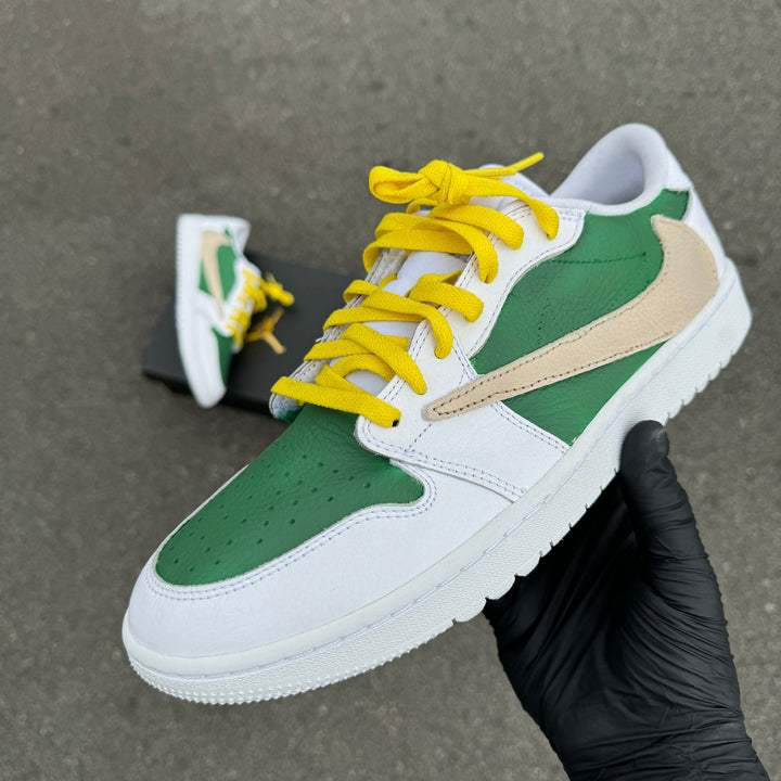 Custom Jordans Travis Scott White Green And Yellow With Beige Swoosh
