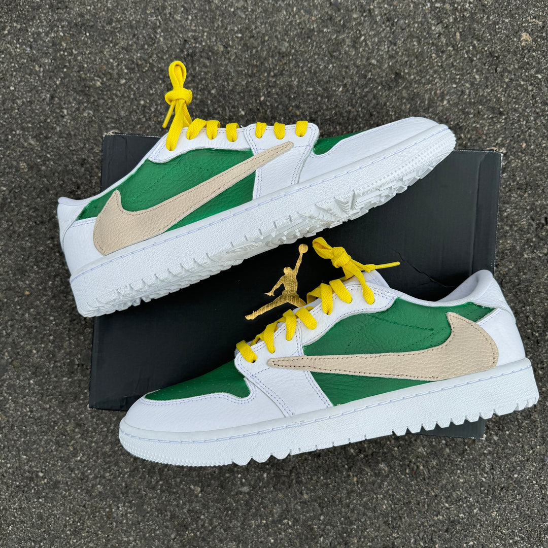 Custom Jordans Travis Scott White Green And Yellow With Beige Swoosh