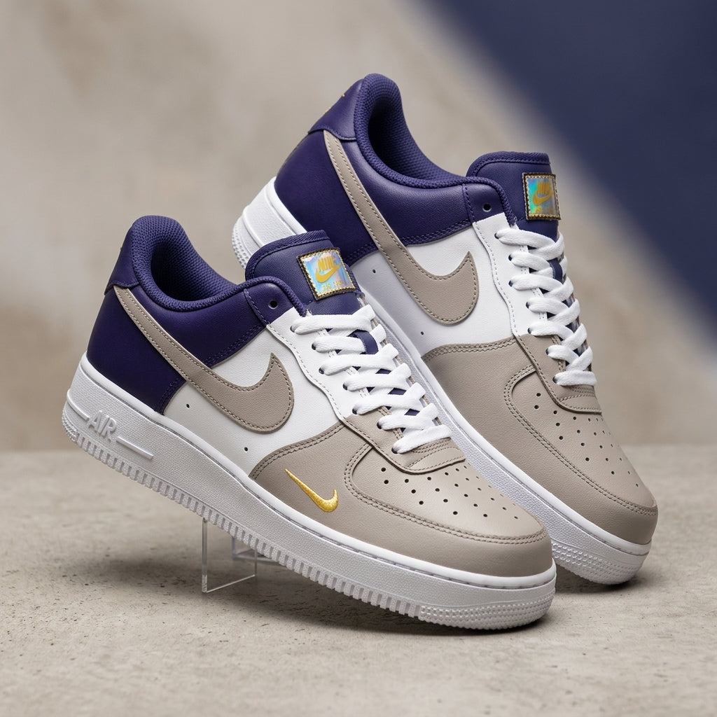 Hand Painted Custom Air Force 1 Taupe Navy Gold Sneakers
