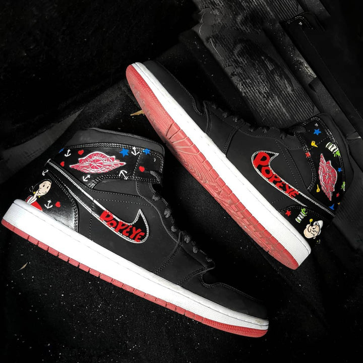 Cartoon Night Black Red Embroidery Font Custom Jordan 1