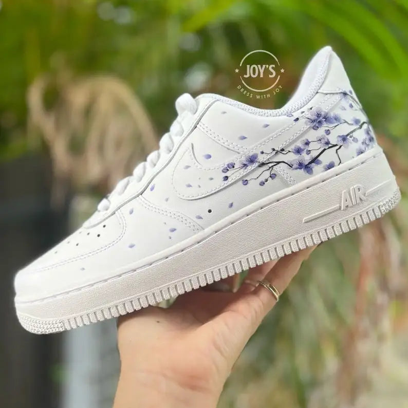 Hand Painted Lavender Cherry Blossom Custom Air Force 1, Purple Falling Petal Aesthetic Design Custom Sneakers with Optional Gradient Purple Laces, Unisex Casual Fashion Customized Shoes
