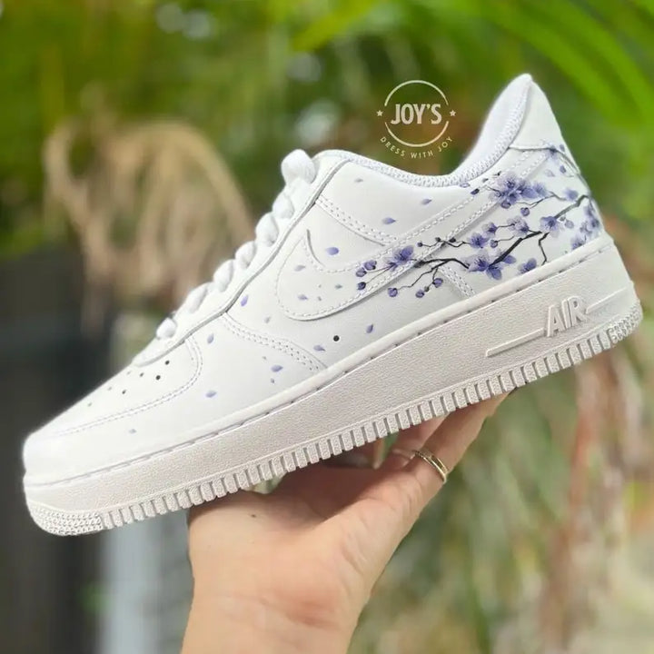 Hand Painted Lavender Cherry Blossom Custom Air Force 1, Purple Falling Petal Aesthetic Design Custom Sneakers with Optional Gradient Purple Laces, Unisex Casual Fashion Customized Shoes