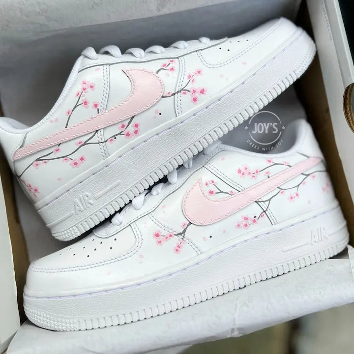 Hand Painted Pink Sakura Cherry Blossom Custom Air Force 1, Cute Aesthetic Floral Design Custom Sneakers with Optional Matching Shoelaces for Women Girls