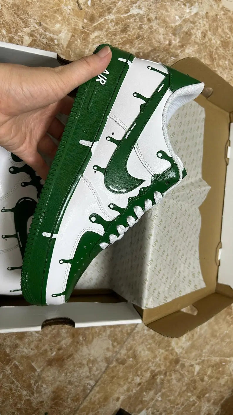 Hand Painted Green Drip Design White & Green Unisex Custom Air Force 1 Trendy Casual Custom Sneakers