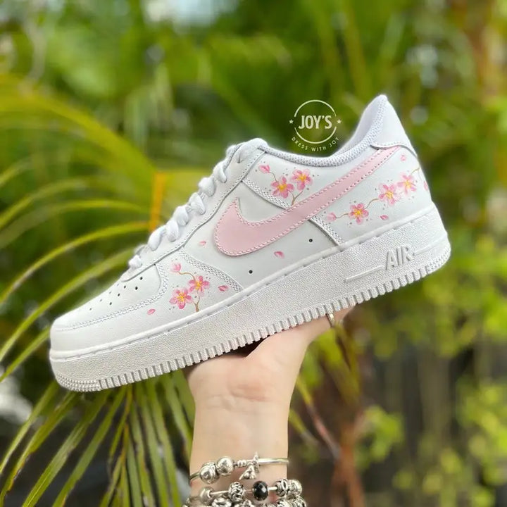 Cute Hand-Painted Pink Cherry Blossom Custom Air Force 1, Aesthetic Floral Women Custom Sneakers with Multiple Replaceable Shoelaces