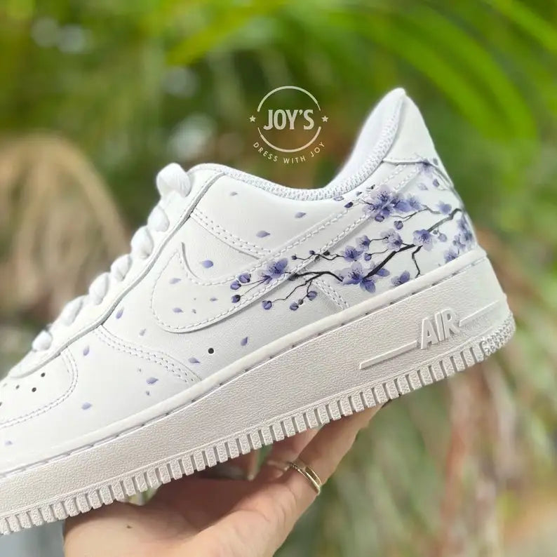 Hand Painted Lavender Cherry Blossom Custom Air Force 1, Purple Falling Petal Aesthetic Design Custom Sneakers with Optional Gradient Purple Laces, Unisex Casual Fashion Customized Shoes