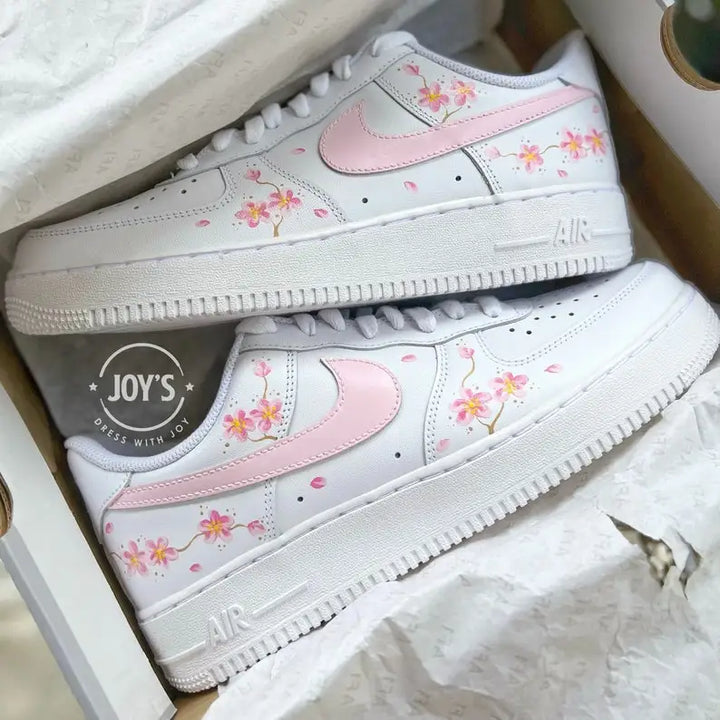Cute Hand-Painted Pink Cherry Blossom Custom Air Force 1, Aesthetic Floral Women Custom Sneakers with Multiple Replaceable Shoelaces