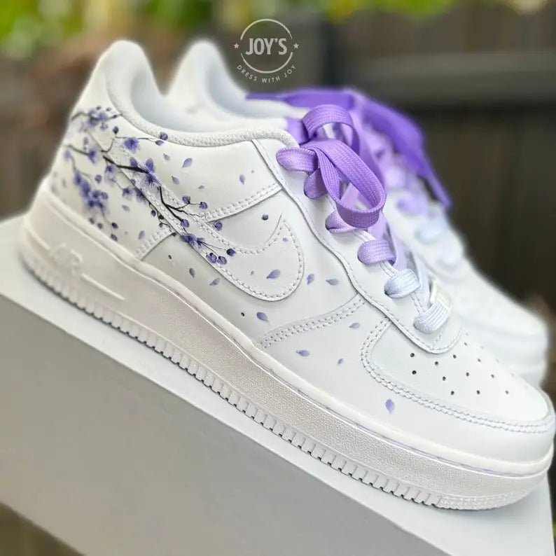 Hand Painted Lavender Cherry Blossom Custom Air Force 1, Purple Falling Petal Aesthetic Design Custom Sneakers with Optional Gradient Purple Laces, Unisex Casual Fashion Customized Shoes