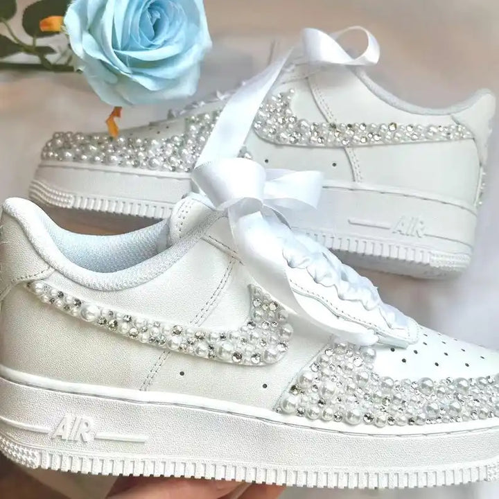 Product Title Personalized Name Date Pearl Rhinestone Decor Bridal Wedding custom air force 1, White Satin Bow Lace Comfortable Bride custom sneakers