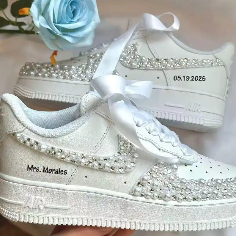 Product Title Personalized Name Date Pearl Rhinestone Decor Bridal Wedding custom air force 1, White Satin Bow Lace Comfortable Bride custom sneakers