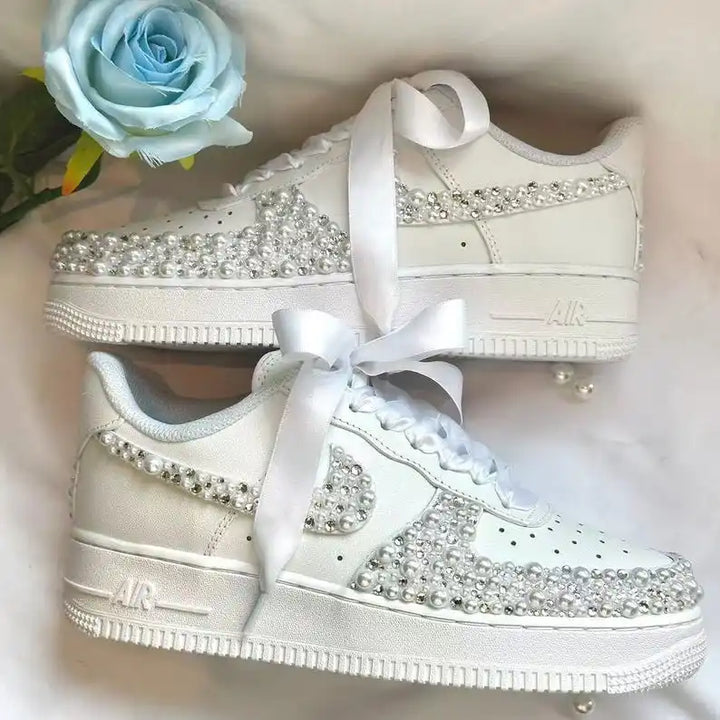 Product Title Personalized Name Date Pearl Rhinestone Decor Bridal Wedding custom air force 1, White Satin Bow Lace Comfortable Bride custom sneakers