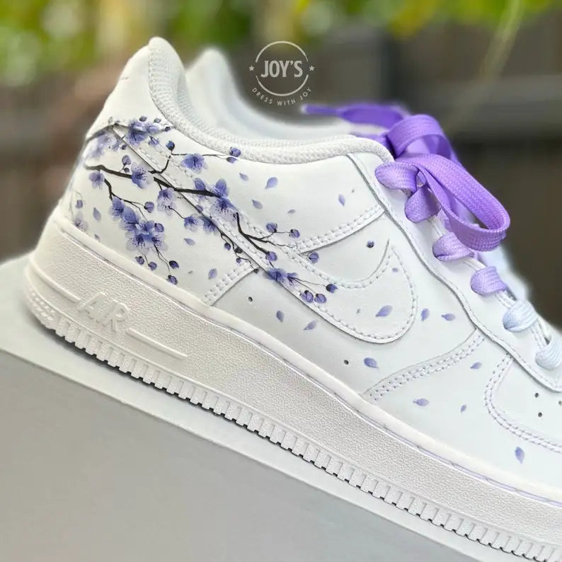 Hand Painted Lavender Cherry Blossom Custom Air Force 1, Purple Falling Petal Aesthetic Design Custom Sneakers with Optional Gradient Purple Laces, Unisex Casual Fashion Customized Shoes