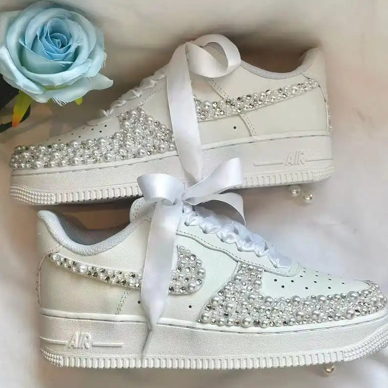 Product Title Personalized Name Date Pearl Rhinestone Decor Bridal Wedding custom air force 1, White Satin Bow Lace Comfortable Bride custom sneakers