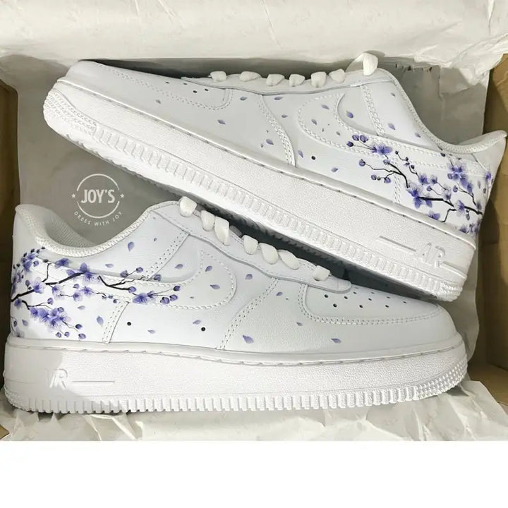 Hand Painted Lavender Cherry Blossom Custom Air Force 1, Purple Falling Petal Aesthetic Design Custom Sneakers with Optional Gradient Purple Laces, Unisex Casual Fashion Customized Shoes