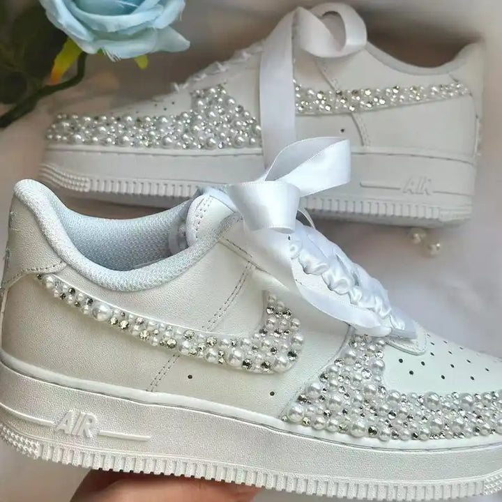 Product Title Personalized Name Date Pearl Rhinestone Decor Bridal Wedding custom air force 1, White Satin Bow Lace Comfortable Bride custom sneakers