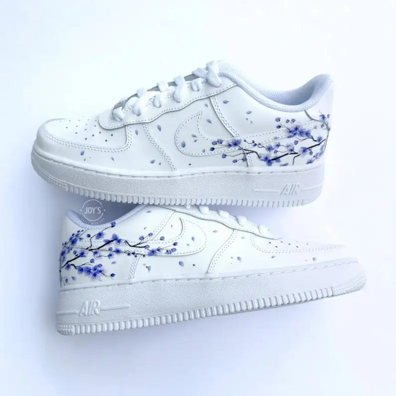 Hand Painted Lavender Cherry Blossom Custom Air Force 1, Purple Falling Petal Aesthetic Design Custom Sneakers with Optional Gradient Purple Laces, Unisex Casual Fashion Customized Shoes