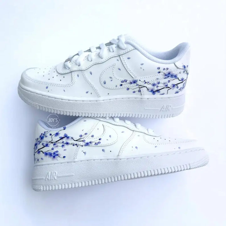 Hand Painted Lavender Cherry Blossom Custom Air Force 1, Purple Falling Petal Aesthetic Design Custom Sneakers with Optional Gradient Purple Laces, Unisex Casual Fashion Customized Shoes