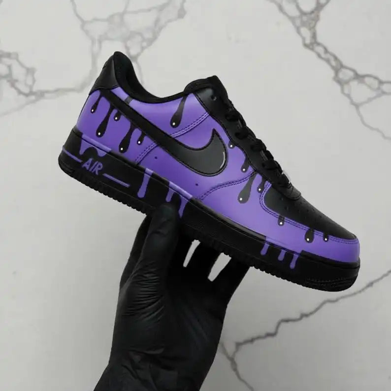 Unisex Purple Black Dripping Paint Design Custom Air Force 1 Trendy Streetwear Custom Sneakers