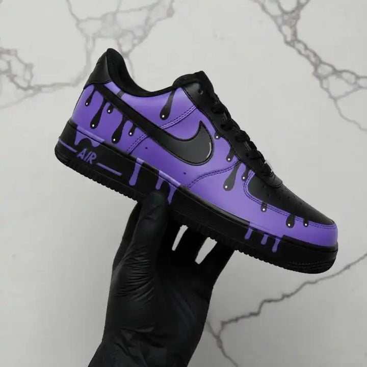 Unisex Purple Black Dripping Paint Design Custom Air Force 1 Trendy Streetwear Custom Sneakers