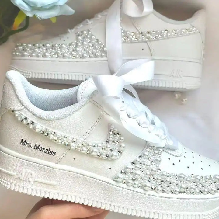 Product Title Personalized Name Date Pearl Rhinestone Decor Bridal Wedding custom air force 1, White Satin Bow Lace Comfortable Bride custom sneakers