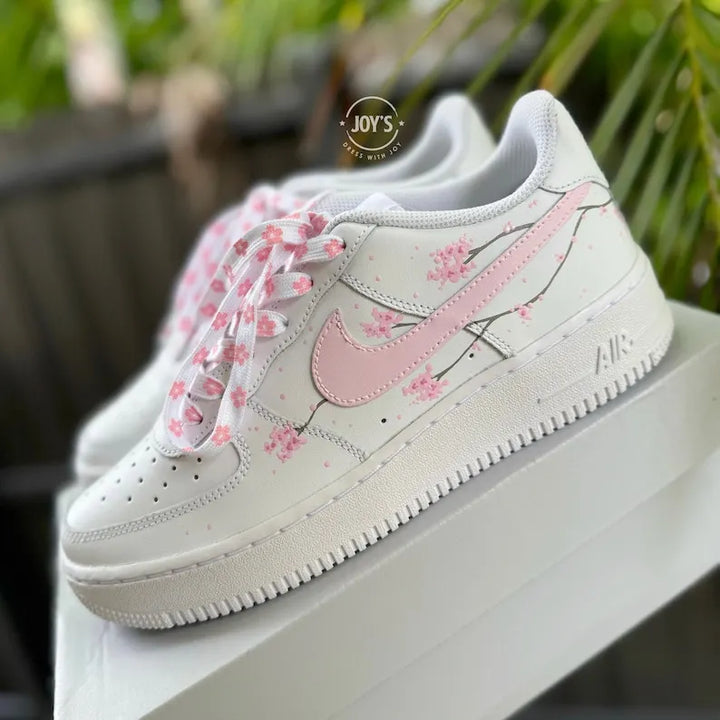 Hand Painted Pink Sakura Cherry Blossom Custom Air Force 1, Cute Aesthetic Floral Design Custom Sneakers with Optional Matching Shoelaces for Women Girls