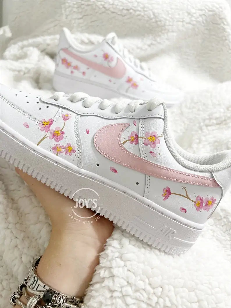 Cute Hand-Painted Pink Cherry Blossom Custom Air Force 1, Aesthetic Floral Women Custom Sneakers with Multiple Replaceable Shoelaces