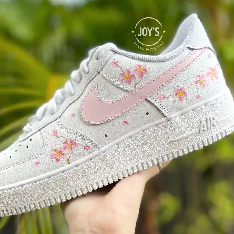 Cute Hand-Painted Pink Cherry Blossom Custom Air Force 1, Aesthetic Floral Women Custom Sneakers with Multiple Replaceable Shoelaces