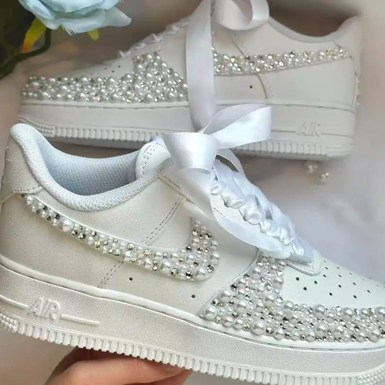 Product Title Personalized Name Date Pearl Rhinestone Decor Bridal Wedding custom air force 1, White Satin Bow Lace Comfortable Bride custom sneakers