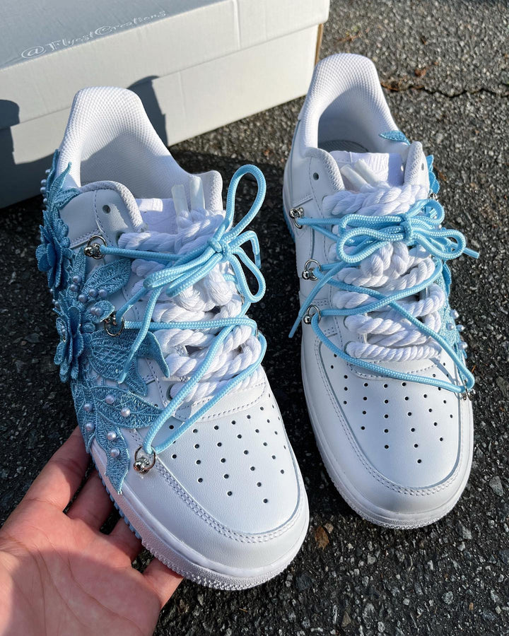 Handmade Blue Floral Pearl Custom Air Force 1 Sneakers