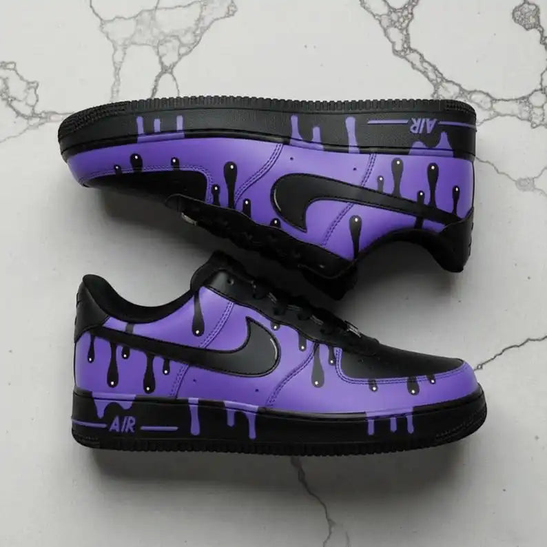 Unisex Purple Black Dripping Paint Design Custom Air Force 1 Trendy Streetwear Custom Sneakers