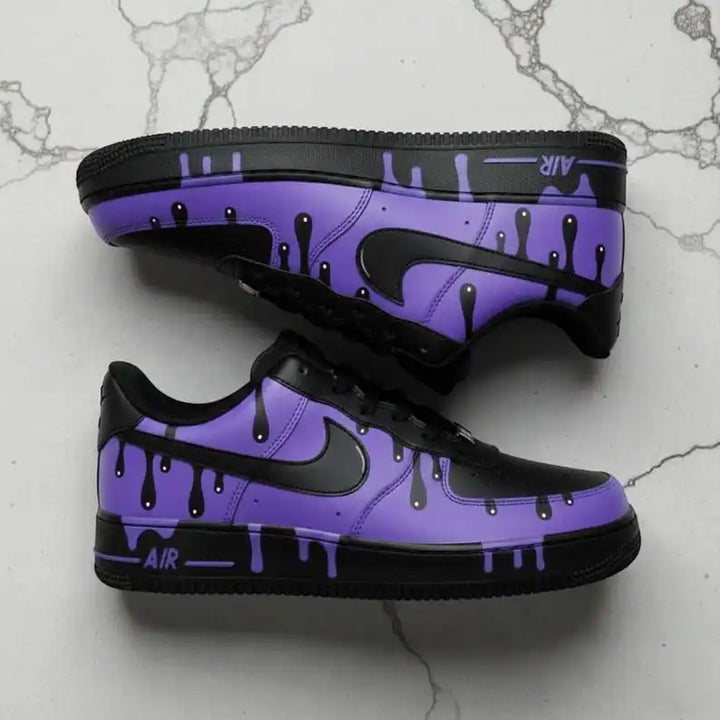 Unisex Purple Black Dripping Paint Design Custom Air Force 1 Trendy Streetwear Custom Sneakers