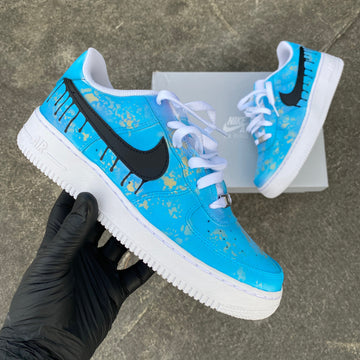 Custom Air Force 1 Blue With Gold Ink Splash Black Drip Swoosh