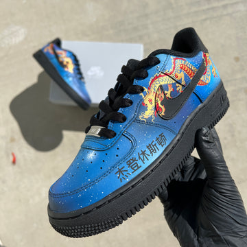 Custom Air Force 1 Blue Black Starry Sky Blue Gold Red Dragon